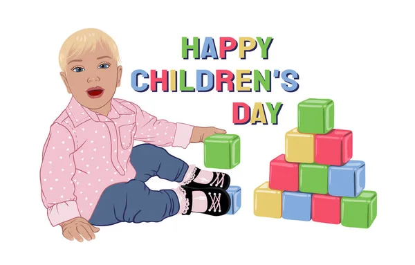 Mutlu Çocuk Günü kartları. Pembe tişörtlü, beyaz kalpli, küplerle oynayan mutlu sarışın çocuk. vektör illüstrasyonu