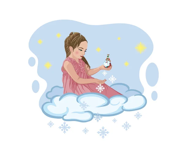 Χαριτωμένο Κορίτσι Ένα Σύννεφο Ρίχνει Νιφάδες Χιονιού Στο Φόντο Του — Διανυσματικό Αρχείο