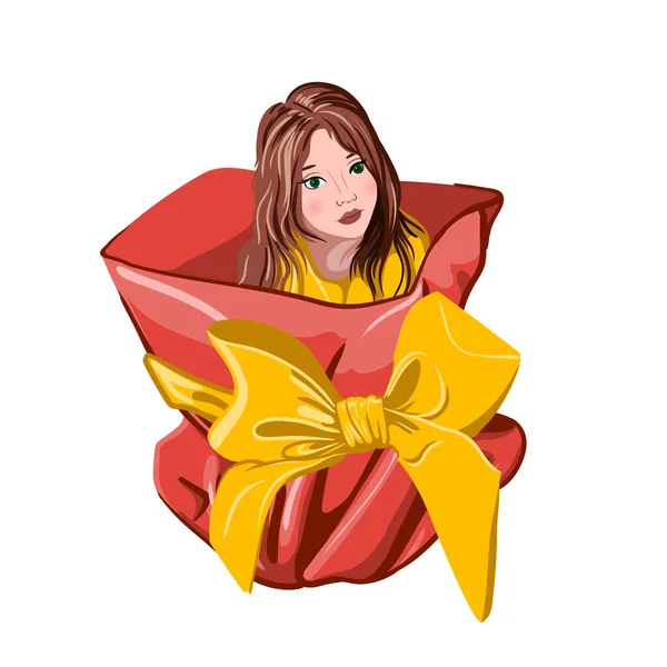 Dziewczyna Siedzi Czerwonej Torbie Złotym Łukiem Ilustracja Wektora — Wektor stockowy