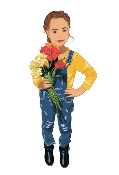 Dziewczyna Żółto Niebieskich Ubraniach Bukietem Wiosennych Kwiatów Rękach Charakter Wektora — Wektor stockowy