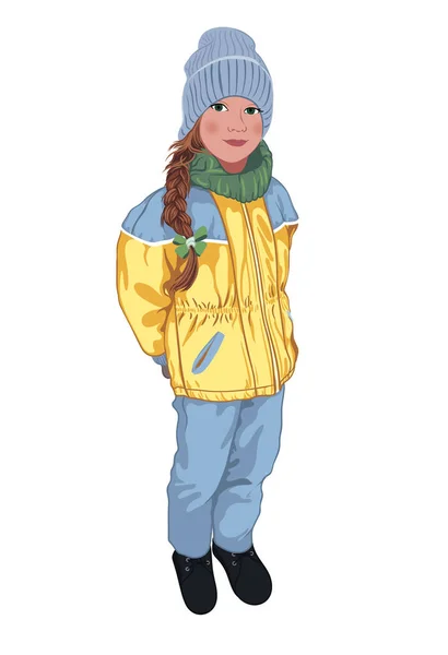 女の子は冬の服で 黄色の青いスキースーツで ウクライナのシンボルの色で服を着ています ベクトルキャラクター — ストックベクタ