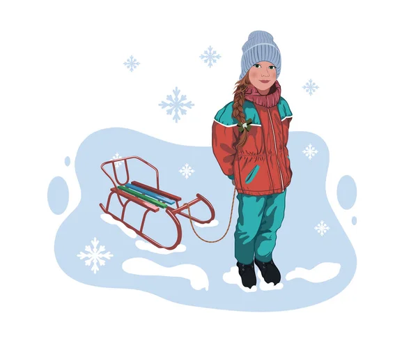 Κορίτσι Κοτσίδα Καπέλο Και Χειμερινό Κοστούμι Έλκηθρο Κορδόνι Χειμερινή Εικόνα — Διανυσματικό Αρχείο