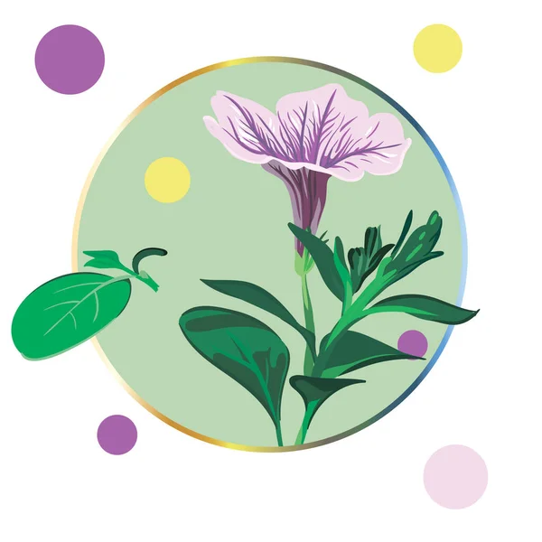 Purple petunia flower framed in a green circle on a white background with colorful polka dots. Green leaves, buds, purple and pink flowers. Realistic vector illustration. Vintage