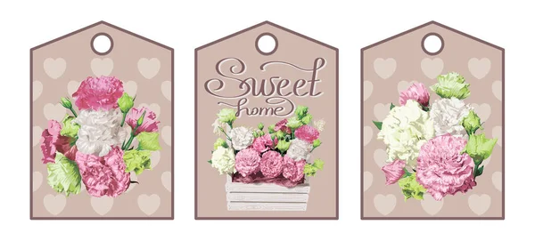 Ensemble Étiquettes Étiquette Style Vintage Maison Douce Sertie Panier Fleurs — Image vectorielle
