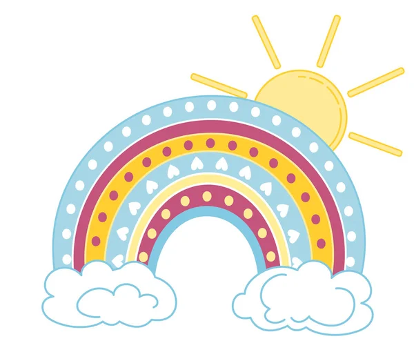 Παιδική Απεικόνιση Παστέλ Χρώματα Του Ουράνιου Τόξου Σύννεφα Και Ήλιος — Διανυσματικό Αρχείο