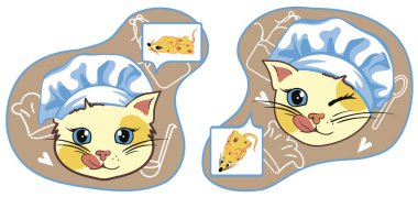 Aşçı şapkalı sevimli kedi yavrusu arka planda peynir ve mutfak malzemelerine benzeyen bir fare düşünüyor.