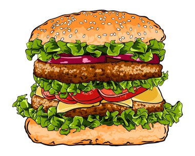 color vector image of a double burger with cutlet, cheese, tomato and lettuce on a white background. food vector illustration