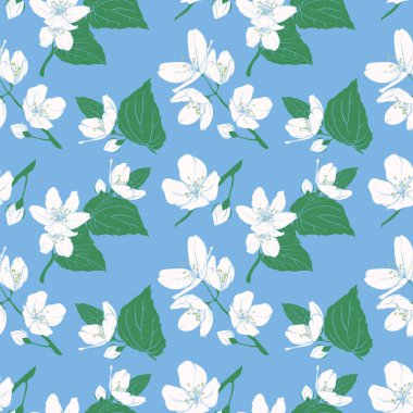 Kiraz, elma ve yasemin çiçeklerinin kusursuz çizimi. Hassas taç yaprakları ve yaprakların deseni. Duvar kağıdı, ambalaj, ambalaj kağıdı için tasarım.