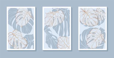 set of posters with monstera leaves in a minimalist style on a delicate blue background with thin golden contours. Elegant and harmonious compositions. stylish wall galleries, modern spaces clipart