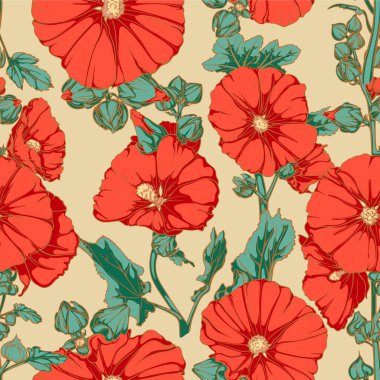 Parlak çiçekleri ve açık arkaplanda yaprakları olan modaya uygun, dikişsiz bitki deseni. Tekstil, yüzeyler, dekorasyon, giysi ve ambalaj için açık arkaplanda kusursuz çiçek deseni