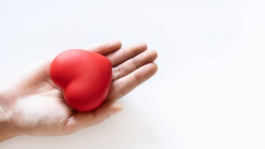 Eller beyaz arka planda kırmızı kalbi tutuyor