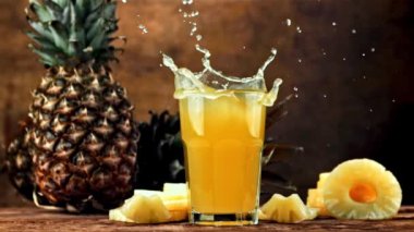 Ananas parçası ananas suyuna düşer. Film, yavaş çekim 1000 fp. Yüksek kaliteli FullHD görüntüler