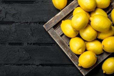 Taze limon içinde belgili tanımlık tepsi. Rustik siyah arka plan üzerine