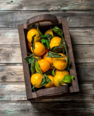 Taze mandalina kutusunda. Ahşap arka plan üzerinde