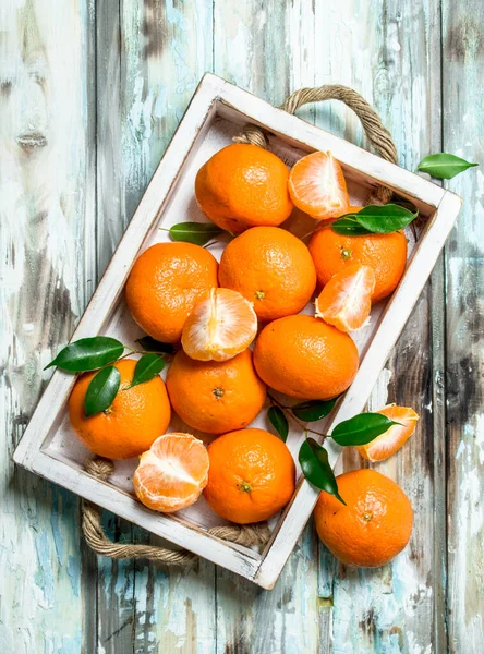 stock image Fresh ripe mandarins with leaves in tray. On wooden background