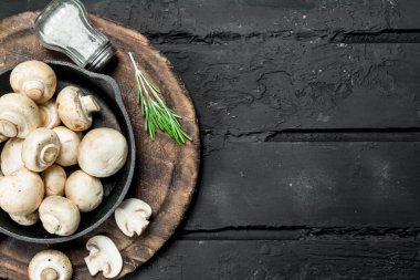 Tuz ile kesme Tahtası üzerinde tavada kokulu mantar. Rustik arka planda