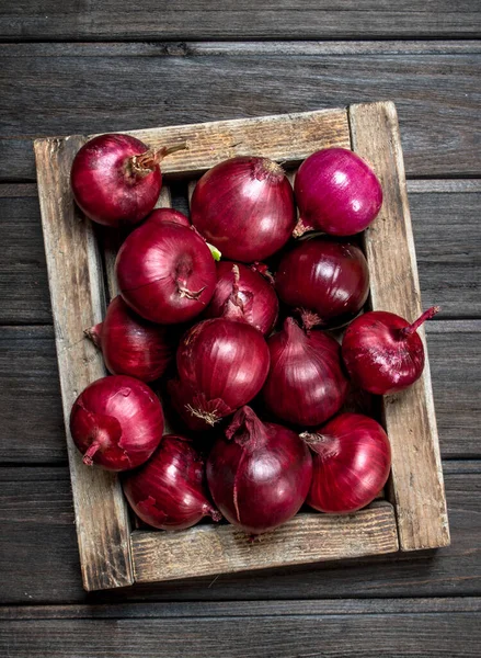 Fresh Red Onions Tray Wooden Background — Stock Photo, Image
