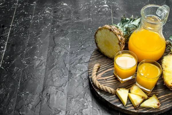 Pineapple Juice Glass Jug Tray Black Rustic Background — Stock Photo, Image
