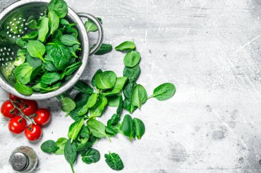 Ispanak bir tencerede yaprakları ve bir dal üzerinde domates. Beyaz rustik arka plan üzerinde