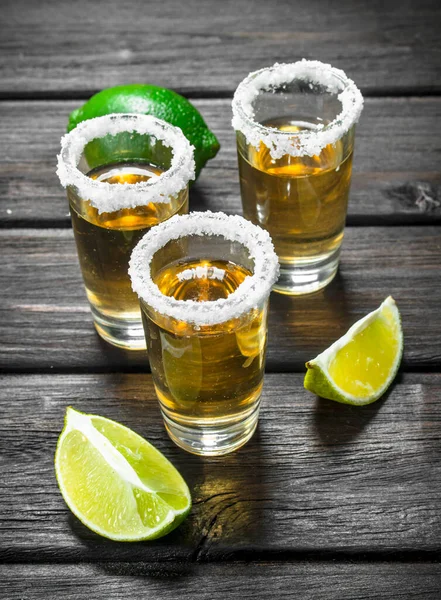 Tequila Shot Glass Salt Lime Wooden Background — Stock Photo, Image