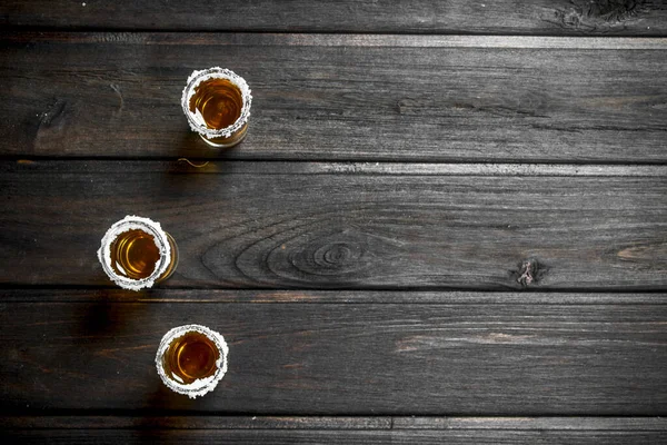 Tequila Shot Glass Salt Wooden Background — Stock Photo, Image