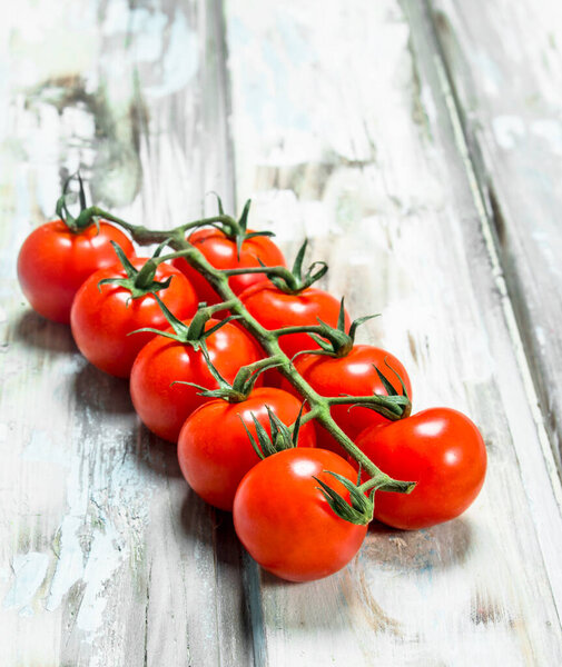 Red tomatoes on a branch. On white wooden background