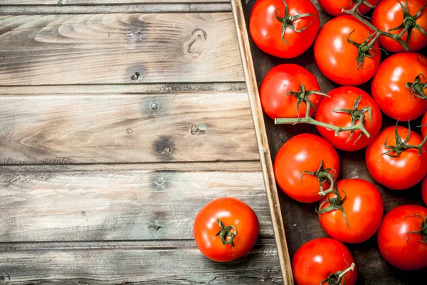 Tomates Vermelhos Bandeja Fundo Madeira — Fotografia de Stock