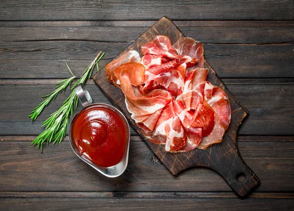 Spanish Ham Tomato Sauce Rosemary Wooden Background — Stock Photo, Image