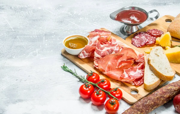 Traditional Spanish Ham Ciabatta Rustic Background — Stock Photo, Image