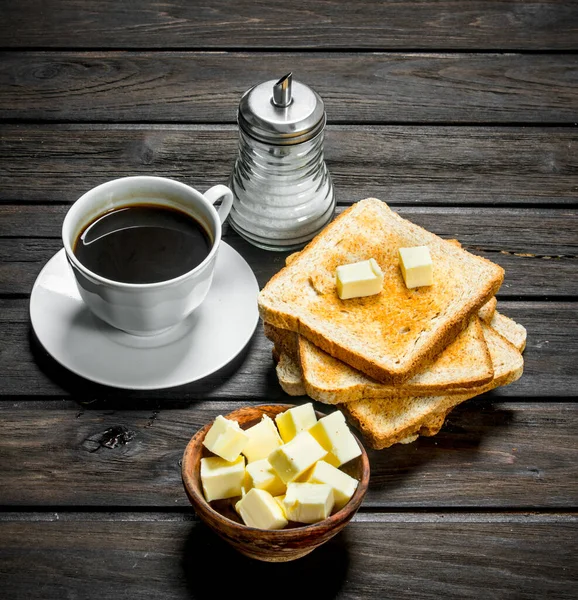 Breakfast Toasted Bread Butter Aromatic Coffee Wooden Background — Stock Photo, Image