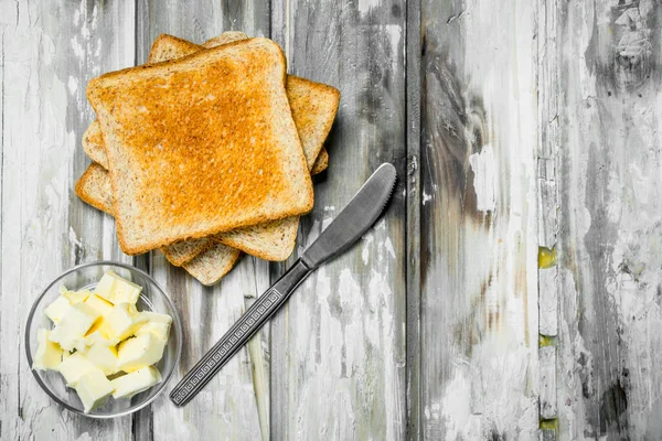 Śniadanie Toasted Chleb Masło Tle Rustykalne Drewniane — Zdjęcie stockowe