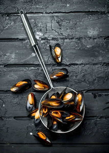 Φρέσκα Θαλασσινά Μύδια Μια Κατσαρόλα Μαύρο Φόντο Για Ρουστίκ — Φωτογραφία Αρχείου