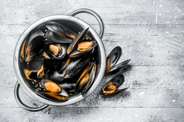 Fresh Seafood Clams Saucepan Rustic Background — Stock Photo, Image