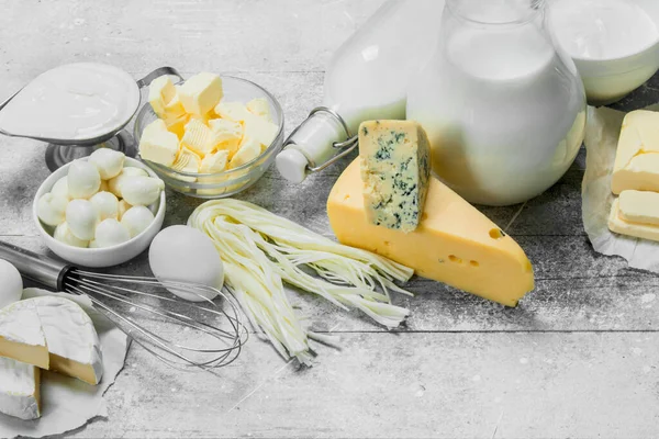 Riesige Auswahl Milchprodukten Auf Rustikalem Hintergrund — Stockfoto