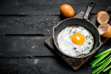 Sahanda yumurta yeşil soğan ve baharatlar ile. Rustik siyah arka plan üzerine.