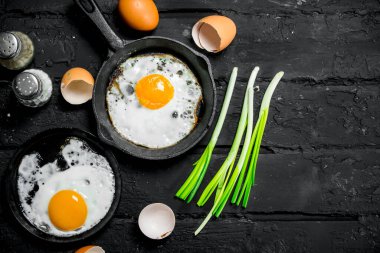 Sahanda yumurta yeşil soğan ve baharatlar ile. Rustik siyah arka plan üzerine.