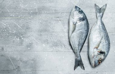 Çiğ deniz balık dorado. Rustik bir arka plan üzerinde.