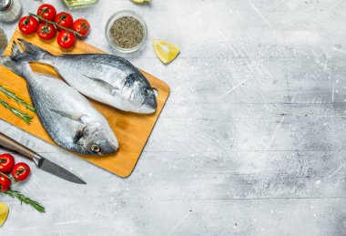 Çiğ deniz balık dorado baharat ve domates ile. Rustik bir arka plan üzerinde.