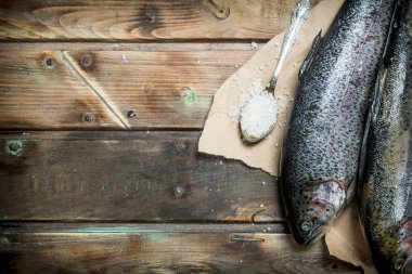 Tuz ile ham deniz balık somon. Ahşap arka plan üzerinde