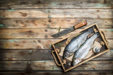 Çiğ deniz balık somon kekik ile ahşap bir tepsi. Ahşap arka plan üzerinde