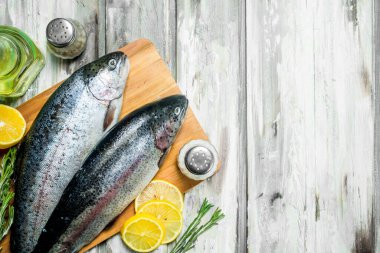 Biberiye ve limon ile çiğ balık somon. Rustik arka plan üzerinde