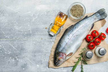 Domates, baharat ve biberiye ile çiğ balık somon. Rustik bir arka plan üzerinde.