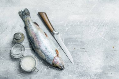 Tuz ve biber ile çiğ balık somon. Rustik bir arka plan üzerinde.