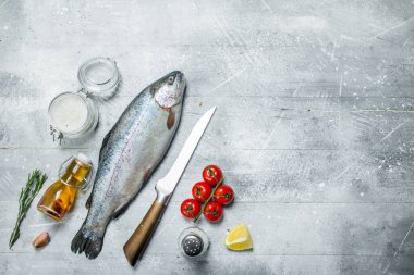 Baharat, domates ve limon ile çiğ balık somon. Rustik bir arka plan üzerinde.