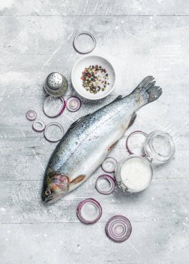 Baharat ve kırmızı soğan halkası ile çiğ balık somon. Rustik bir arka plan üzerinde.