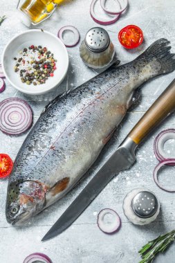 Baharat ve kırmızı soğan halkası ile çiğ balık somon. Rustik bir arka plan üzerinde.