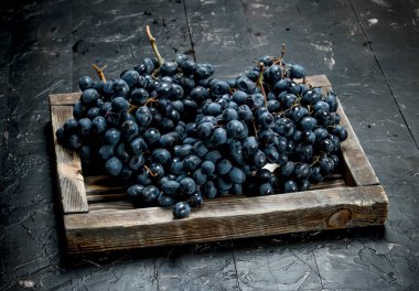 Tahta tepside siyah üzümler. Siyah rustik arka plan üzerinde.