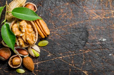 Fındık arka plan. Yeşil yaprakları ile farklı fındık ürün yelpazesine. Ahşap bir arka plan üzerinde.