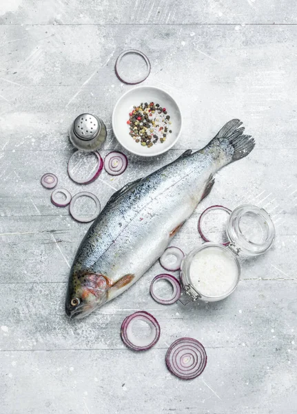 Baharat ve kırmızı soğan halkası ile çiğ balık somon. Rustik bir arka plan üzerinde.