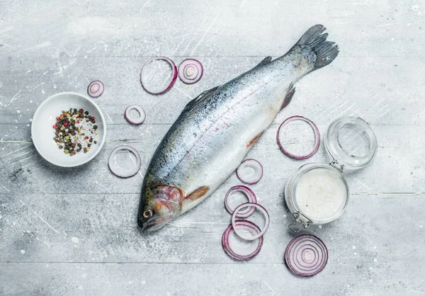 stock image Raw fish salmon with spices and red onion rings. On a rustic background.